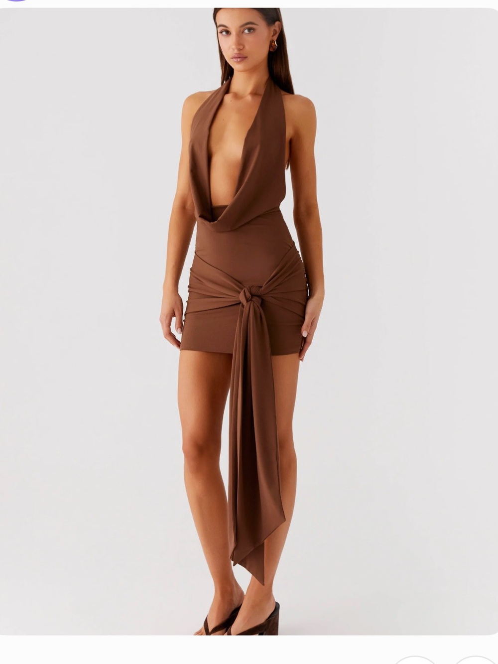Peppermayo Brown Draped Halter Mini Dress